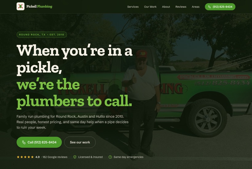 Pickell Plumbing website, built and deployed by LocalBoss